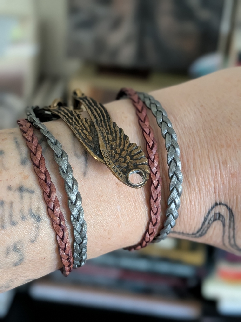 Leather Wrap Bracelet with Antique Brass Angel Wing